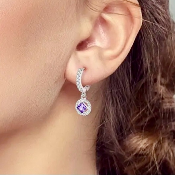 925 Sterling Silver Drop Paved Purple Zirconia Hypoallergenic Earrings - New - Picture 3 of 5